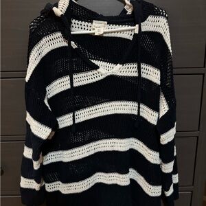 Navy and White Striped Knit Hoodie